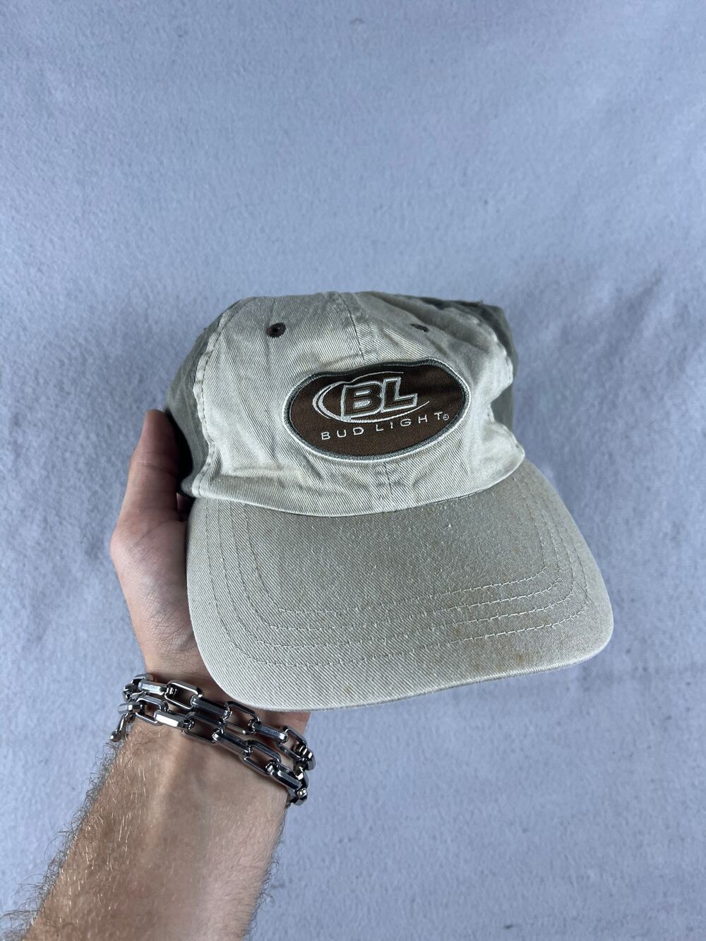 Vintage 2005 Bud Light Hat Strapback Two Tone Khaki Green Anheuser Busch Y2K